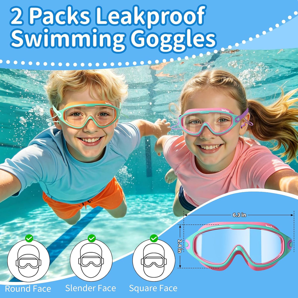 Kids Swim Goggles 2 Pack, Anti-Fog No Leak Swimming Goggles with UV Protection, Wide View Pool Goggles for Boys Girls