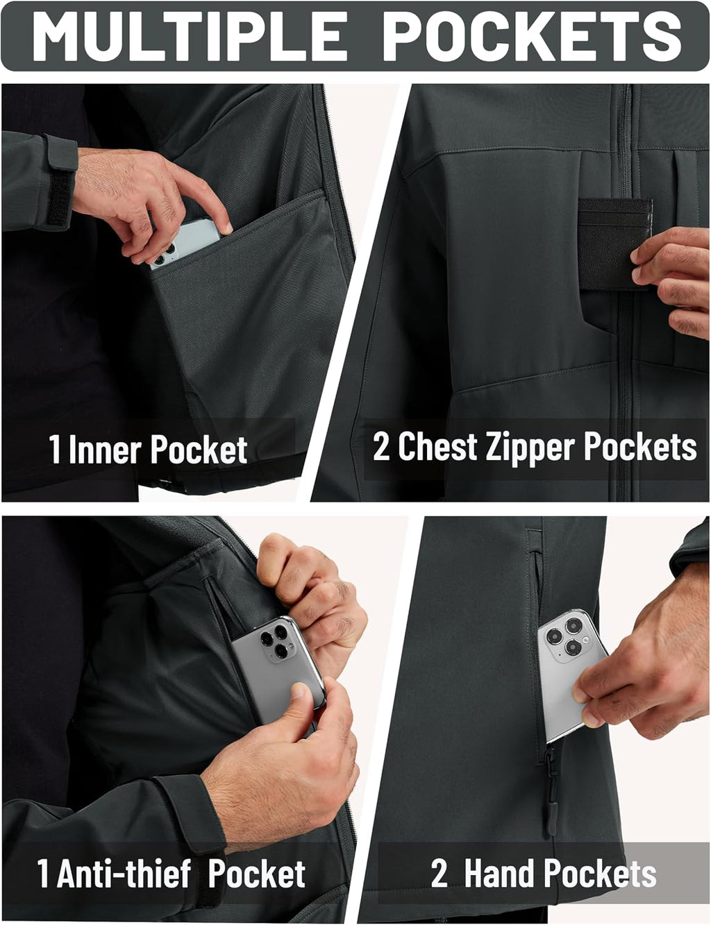 TACVASEN Men's Hooded Softshell Waterproof Fleece Lined Lightweight Jackets