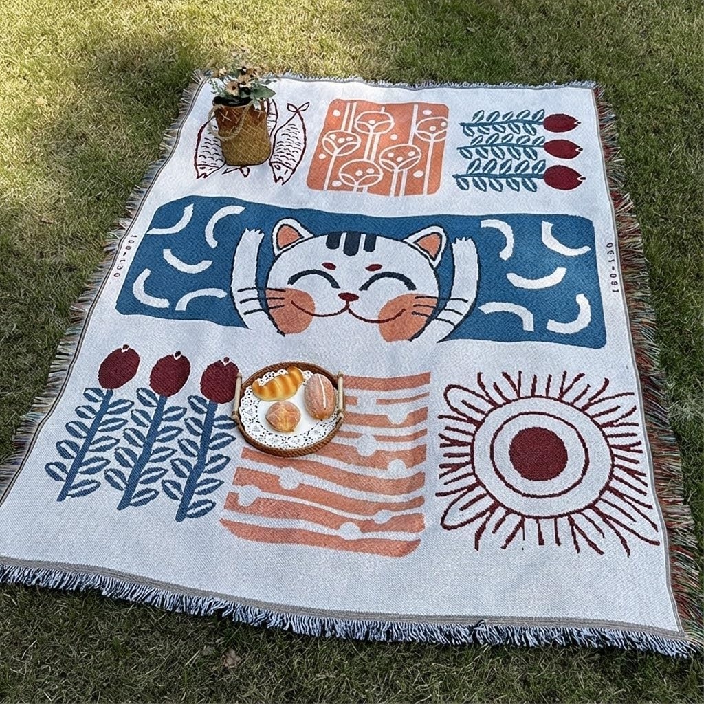 White Picnic Blanket, Extra Large Soft Cotton Gauze Picnic Rug 71"x71", Lightweight Breathable Blanket, Machine Washable for Beach, Camping, Park, Couples (Purr Petals)