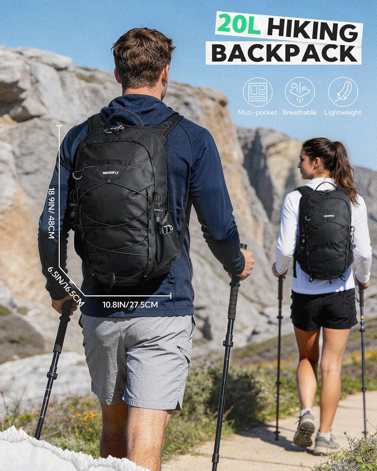 WATERFLY Hiking Backpack 20L, Lightweight Outdoor Daypack Water Resistant