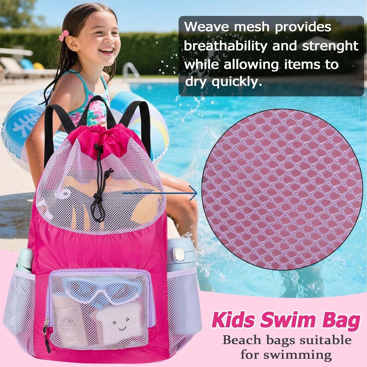 Swim Bag for Kids Mesh Drawstring Backpack for Girls Sport Gym Sackpack
