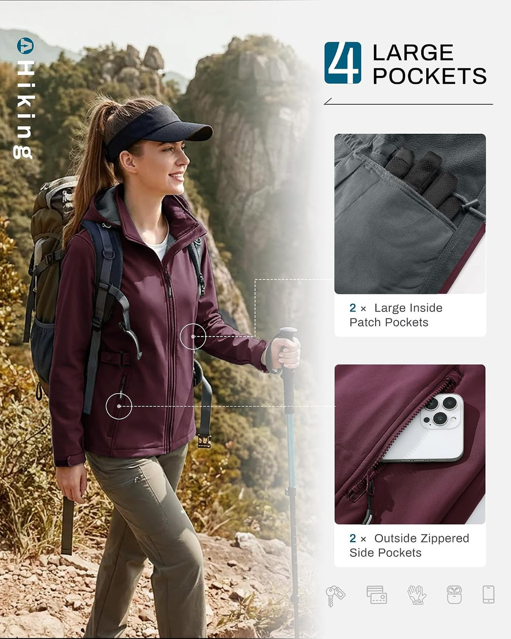 Outdoor Ventures Women's Fleece Lined Rain Jacket Waterproof Softshell Coat