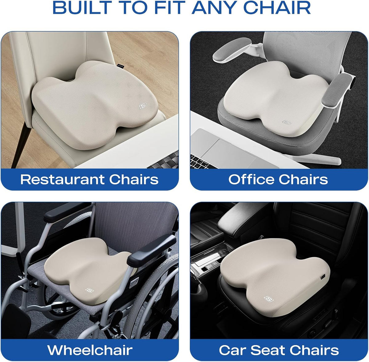 Skechers Seat Cushion, Ergonomic Memory Foam Cushion for Long Sitting Hours on Office & Home Chair, Car Seat Cushion for Sciatica, Coccyx Cushion,Beige