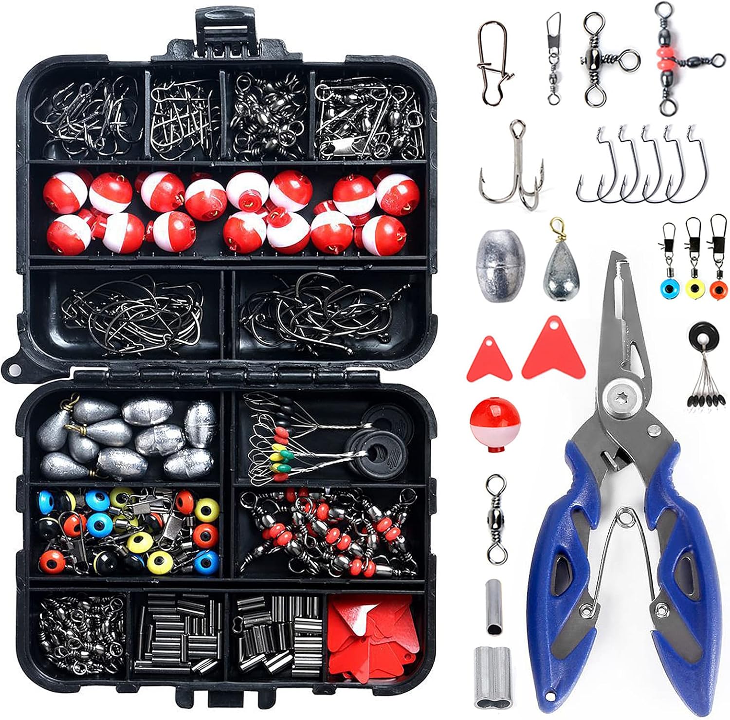 263pcs Fishing Accessories Set with Tackle Box Including Plier Jig Hooks Sinker Weight Swivels Snaps Sinker Slides