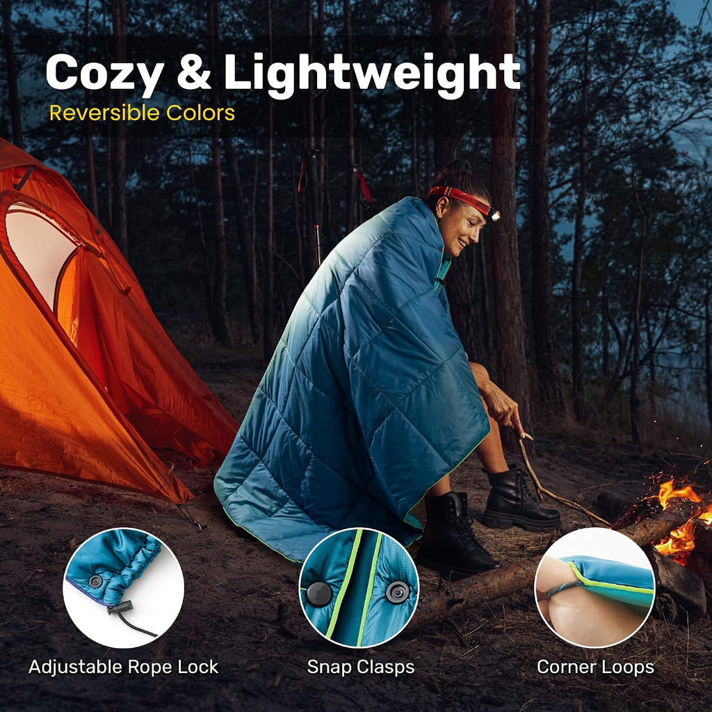 UNIKOME Puffy Camping Blanket,Packable Outdoor Quilt, 75"×52", Lake Blue