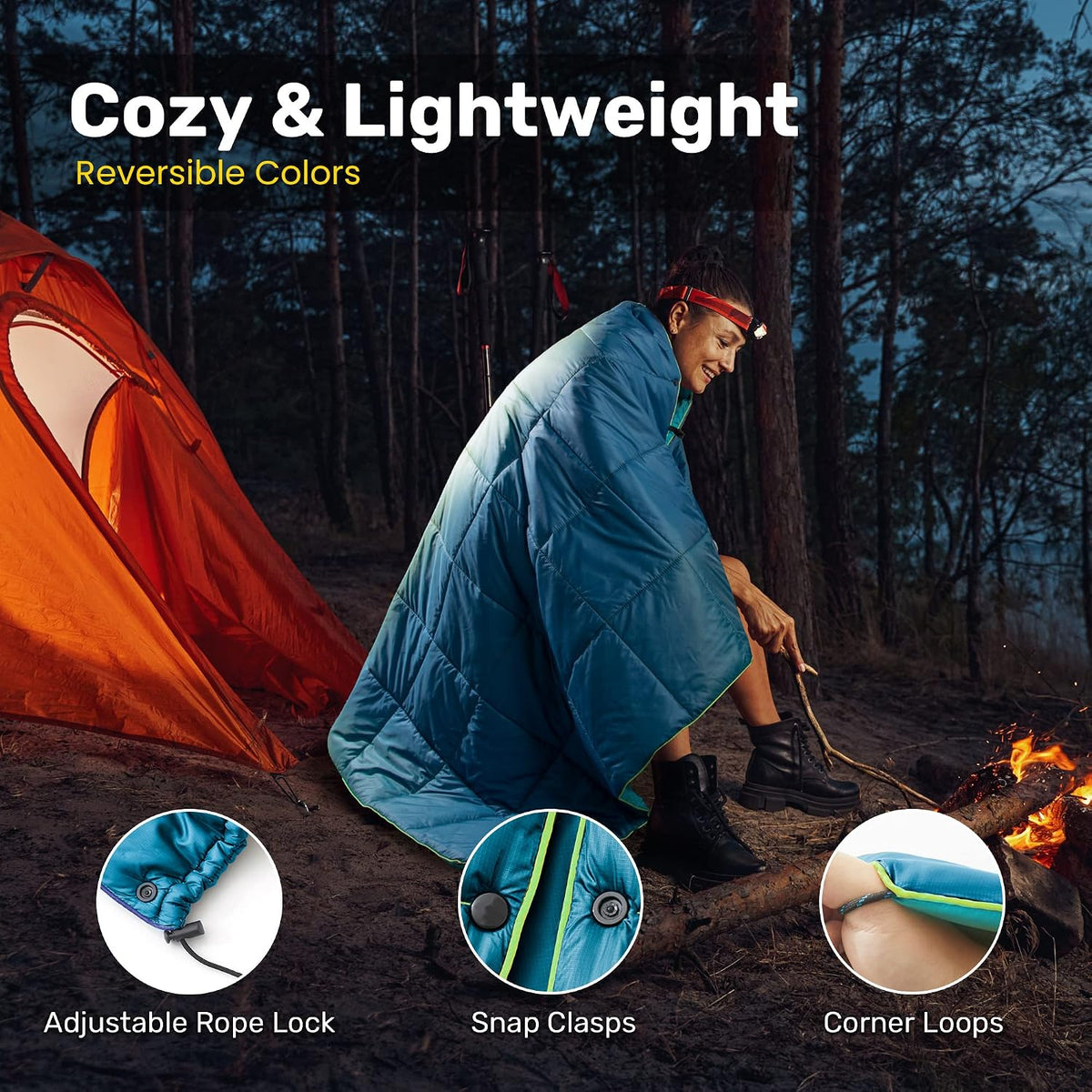 UNIKOME Puffy Camping Blanket,Packable Outdoor Quilt, 75"×52", Lake Blue