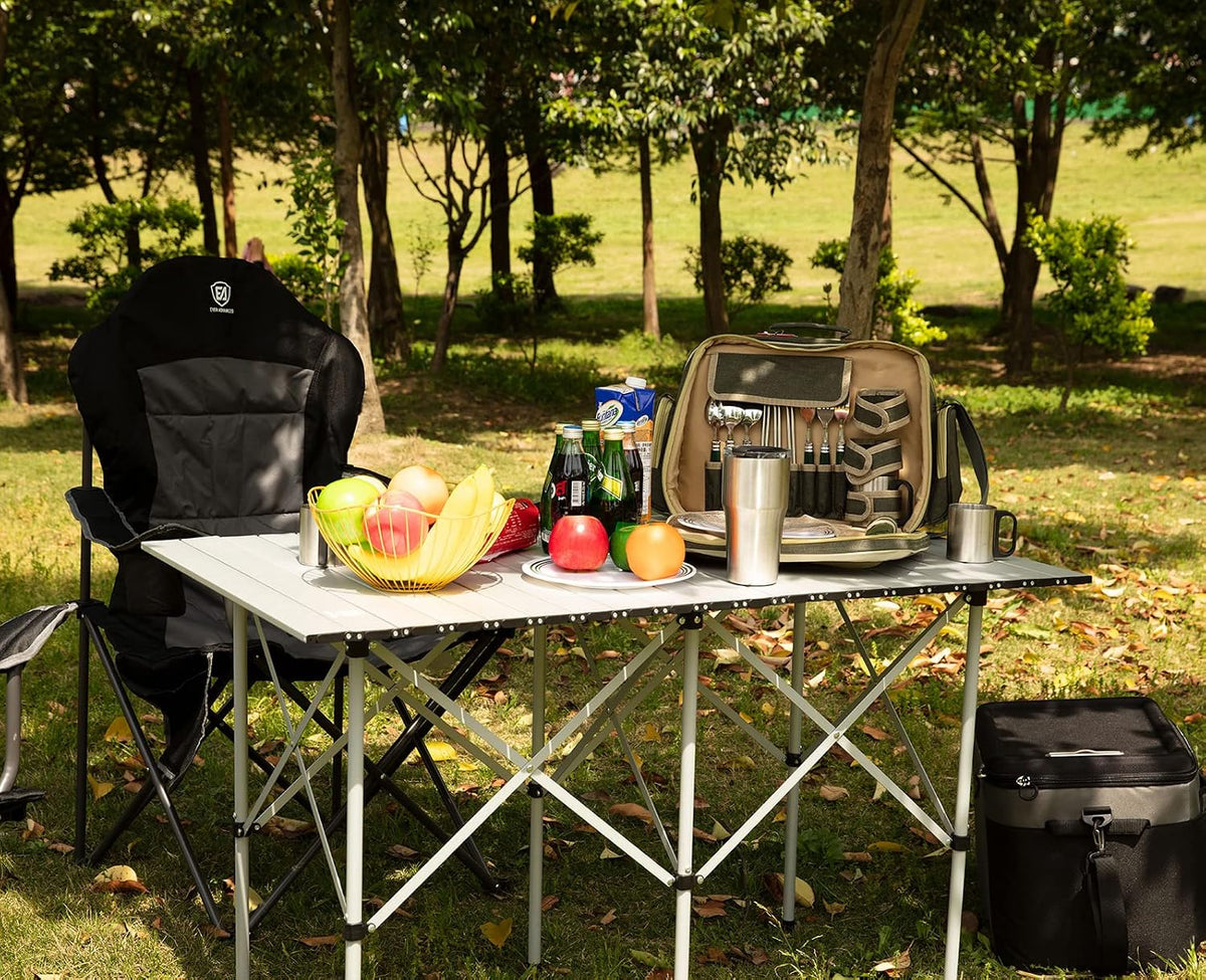 EVER ADVANCED Camping Table, Fold up Lightweight, 4-6 Person Portable Roll up Aluminum Table with Carry Bag for Outdoor, White