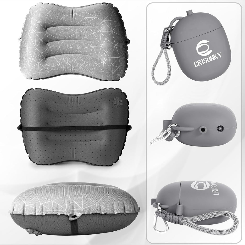 Crisonky Camping Pillow, Inflatable Pillow with 2-in-1 Air Pump Storage Bag