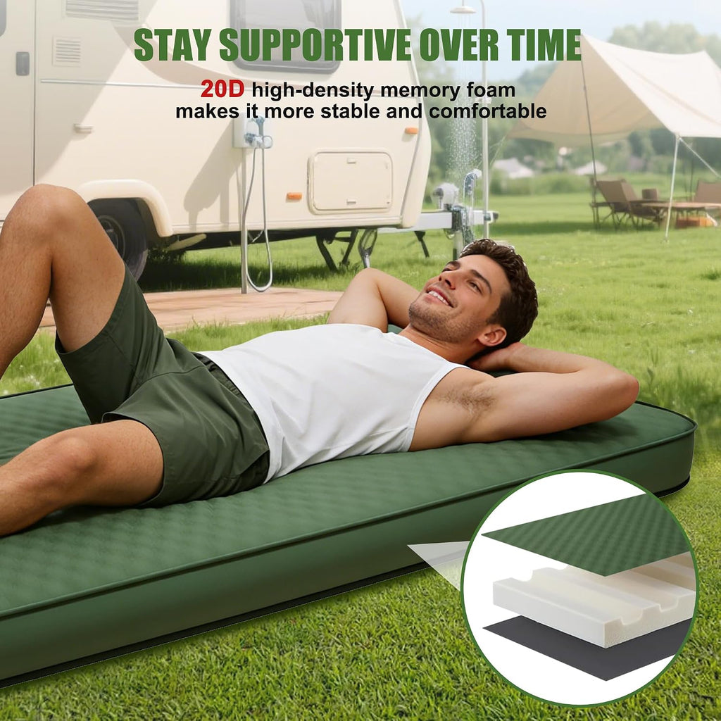 Self Inflating Sleeping Pad With Electric Pump, 4" Thick Memory Foam Sleeping Pad For Camping, 9.5 R-Value Insulated Sleeping Mat, All Season Camping Air Mattress For Tent Travel Car (Green)