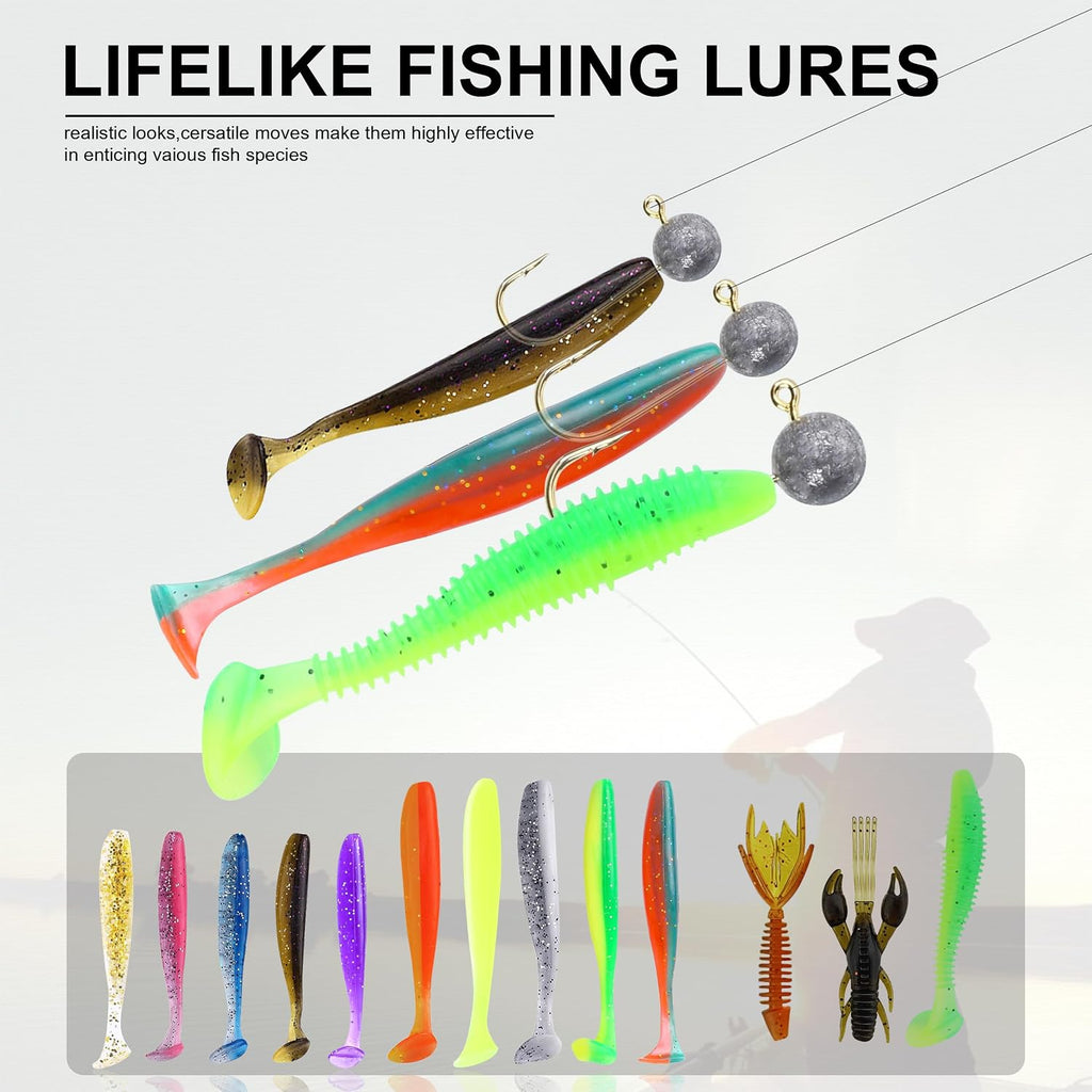 220 Pcs Fishing Lures Equipment Tackle Gear Box for Bass, Fish Kit with Soft Lures,Hooks, Accessories Tools,Frog,Worms,Plastic Bait, Swimbait,Crappie Jigs,Crankbaits, Gifts for Men