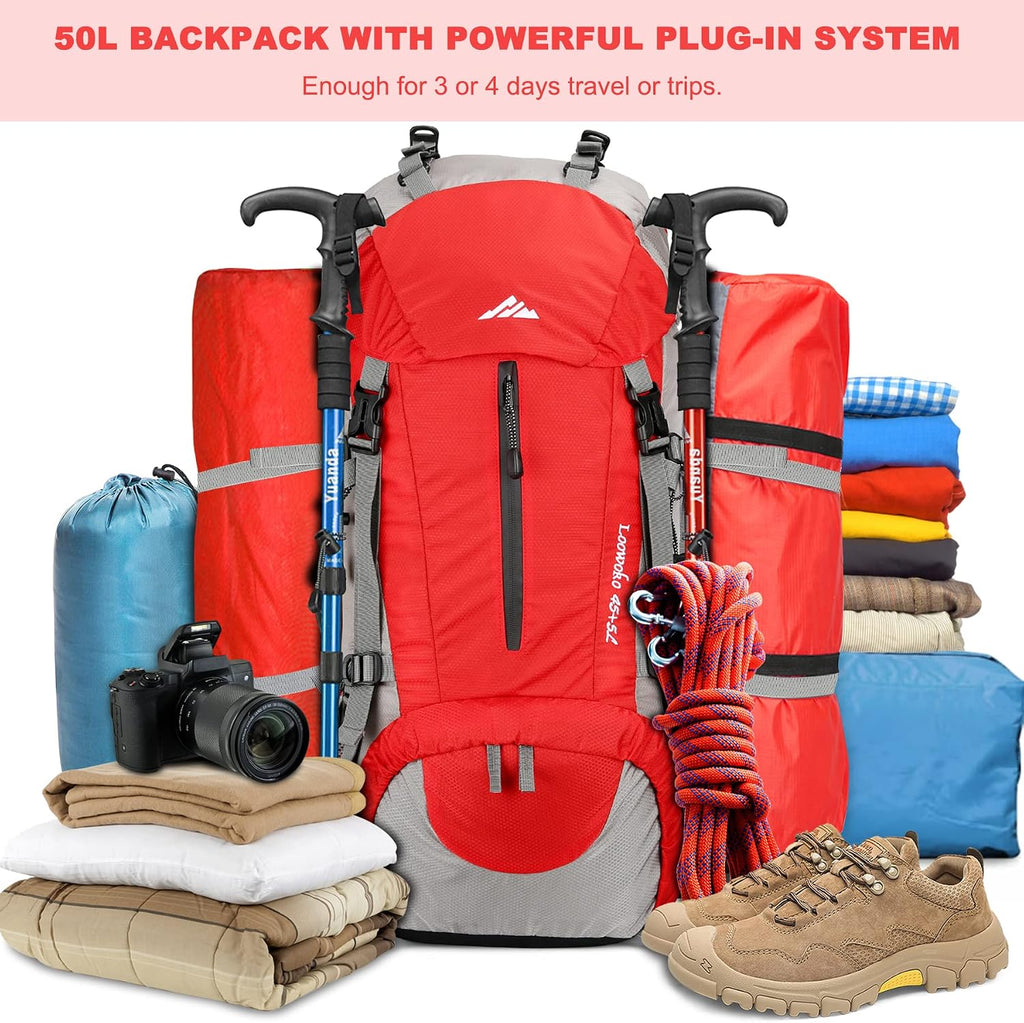Loowoko 50L Hiking Backpack with Rain Cover for Both Men & Women | Lightweight at Just 2.8 lbs, External Extension with Compression Straps for Backpacking, Hiking, Camping, Trekking