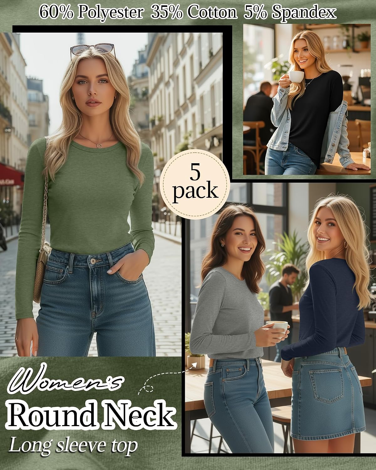 Huukeay 5 Pack Women's Crew Neck Long Sleeve Shirts