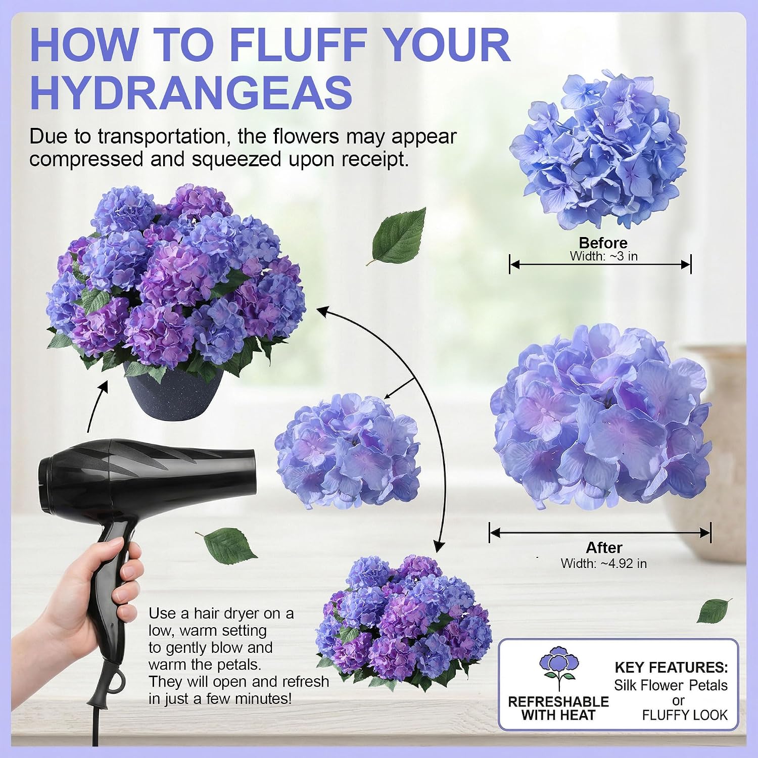 Ivydale Artificial Flowers for Outdoors, 4 PCS Purple Blue Fake Silk Hydrangea Flower Stems for Bouquets UV Resistant Realistic Faux Plants Home Outdoor Wedding Party Centerpieces Decor
