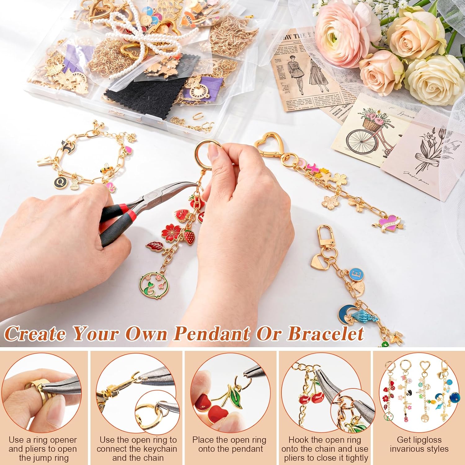 569Pcs Charms Lip Gloss Keychain Making Kit, Bracelet Making Kit, DIY Bag Charm Kit with Key Chain Hooks, Jump Rings, Lobster Clasps, Charms, Chains & Tools, Jewelry Pliers, Jewelry Craft Kit Supplies