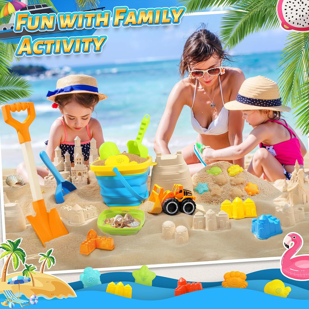 Collapsible Beach Sand Toys for Kids, Sandbox Toys Summer Travel Essentials | Includes Bucket, Sand Shovel, Beach Sifter, Castle Molds, Toddler Beach Toys with Mesh Bag, Outdoor Beach for Kids Girls