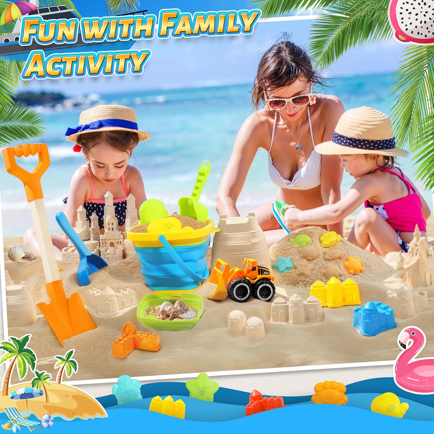 Collapsible Beach Sand Toys for Kids, Sandbox Toys Summer Travel Essentials | Includes Bucket, Sand Shovel, Beach Sifter, Castle Molds, Toddler Beach Toys with Mesh Bag, Outdoor Beach for Kids Girls