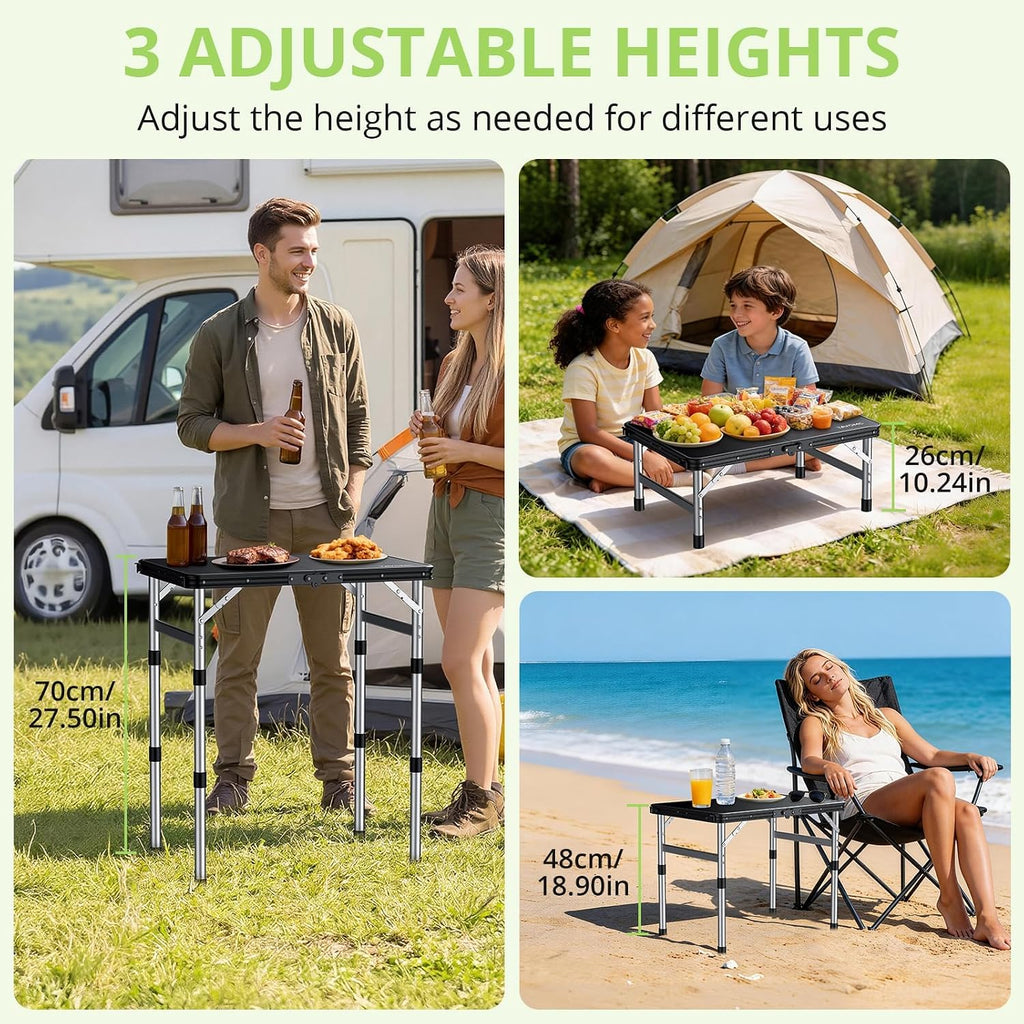 2ft Plastic Folding Table, 3 Adjustable Height Waterproof Small Folding Camping Table Lightweight & Portable with Carry Handle, for Indoor Outdoor RV Travel Picnic Beach, 22.8" X 15.7", Black
