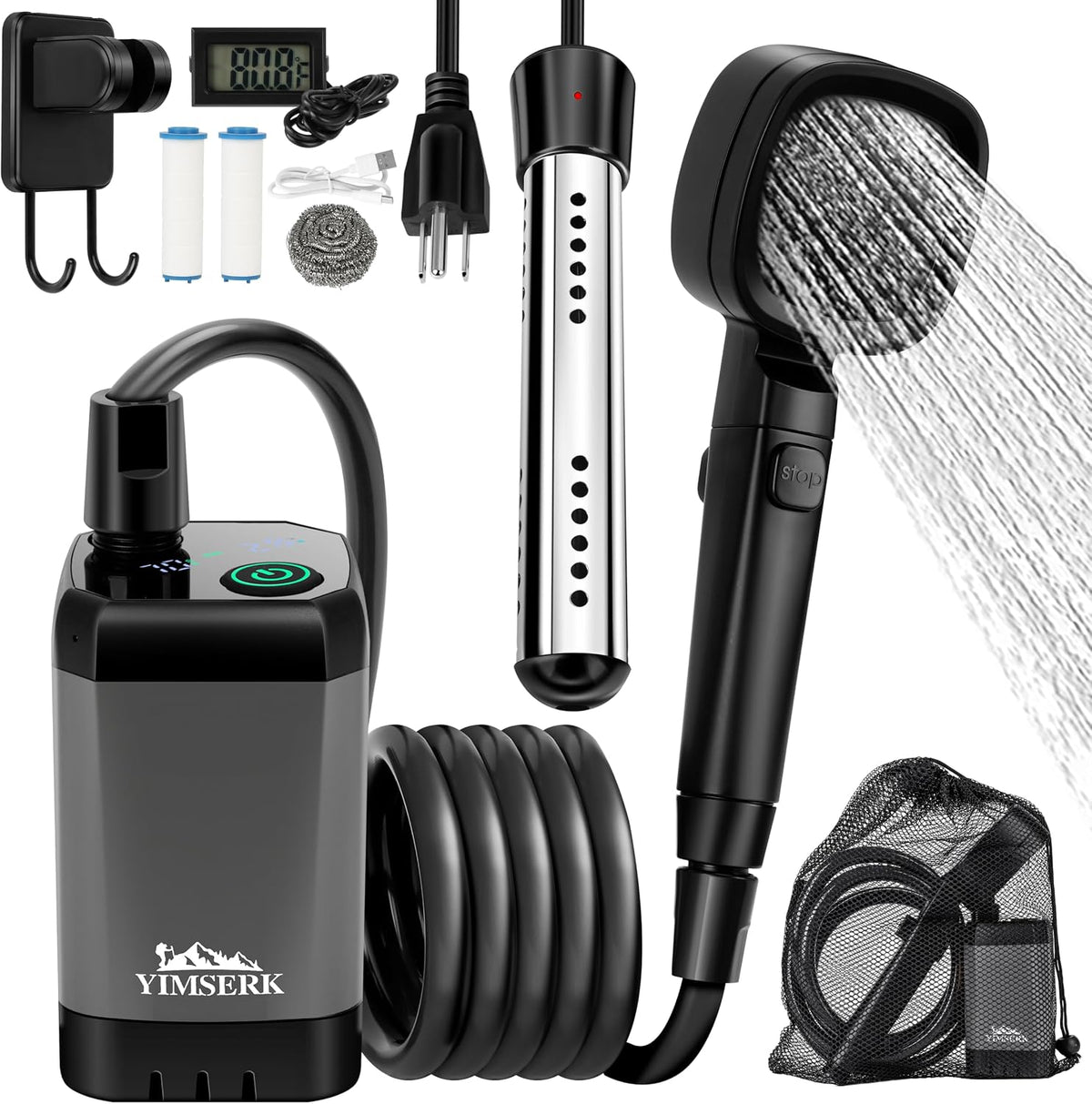 6000mAh Portable Shower for Camping with 2000W Immersion Water Heater – Rechargeable Camp Shower Pump, 4-Mode Filtered Head, LED Display, Outdoor Camping Shower Kit for Travel, Pets & Car Washing