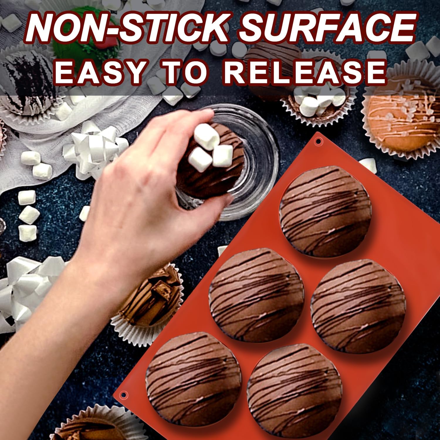 Lerykin 3 Pack Extra Large 5-Cavity Semi Sphere Silicone Molds, Half Sphere Baking Mold Non-Stick for Making Big Size Hot Chocolate Bomb, Jelly, Cake, Dome Mousse