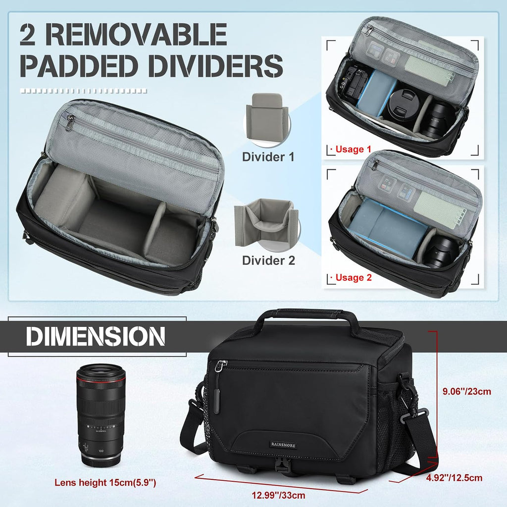 RAINSMORE Camera Bag, Small Camera Sling Bag Waterproof Camera Case, Black
