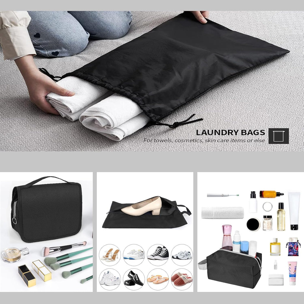9-Set Packing Cubes with Hanging Bag | 9-Size Combination, Mesh Fabric & Reflective Stripe | Travel Luggage Organizers (Black)