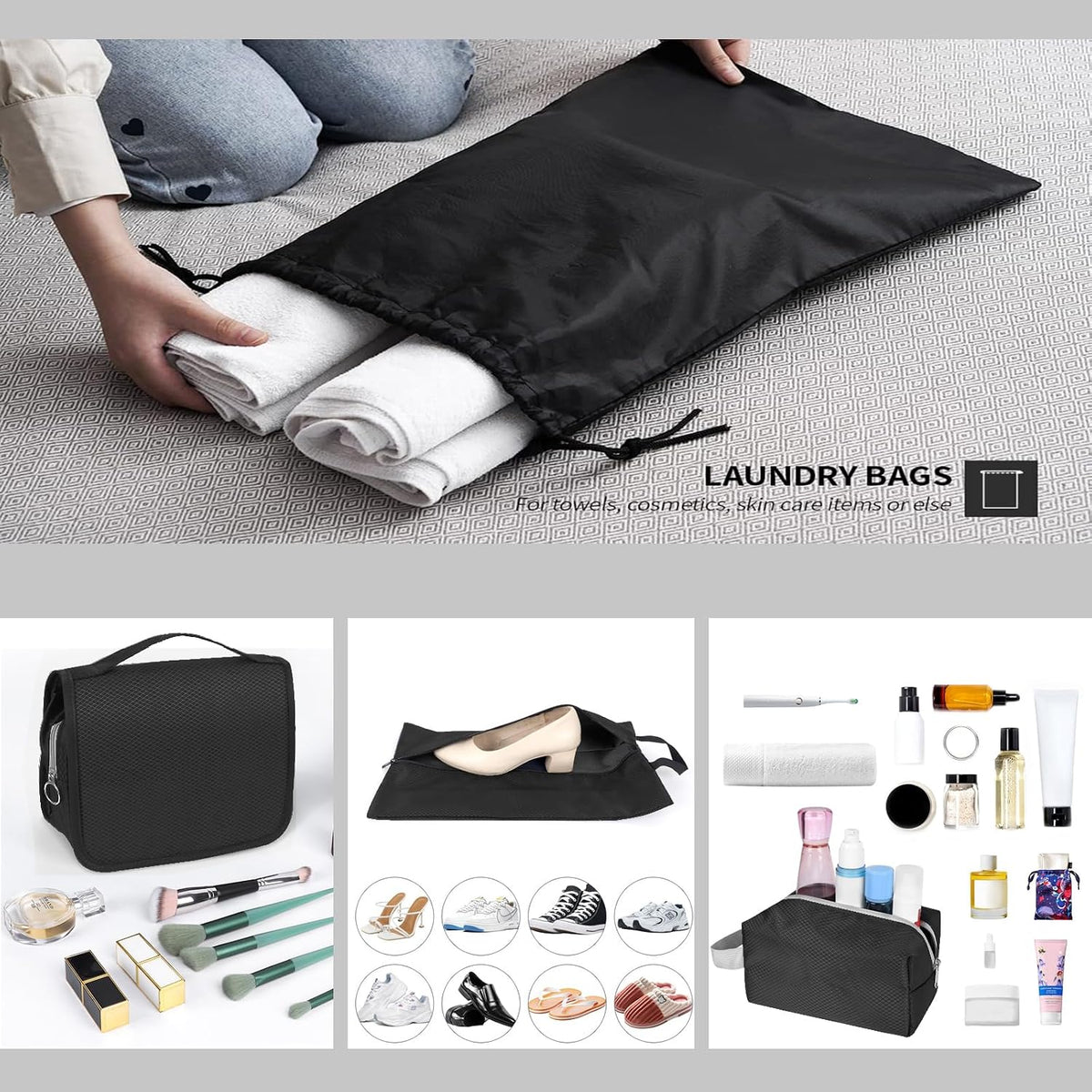 9-Set Packing Cubes with Hanging Bag | 9-Size Combination, Mesh Fabric & Reflective Stripe | Travel Luggage Organizers (Black)