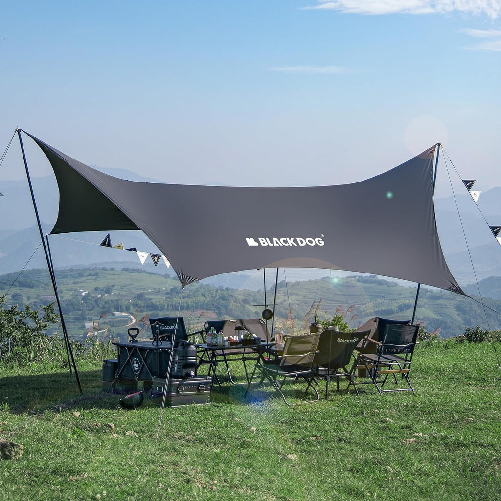 BLACKDOG Large Black Coating Camping Tarp with Poles, 216" L x 115" W