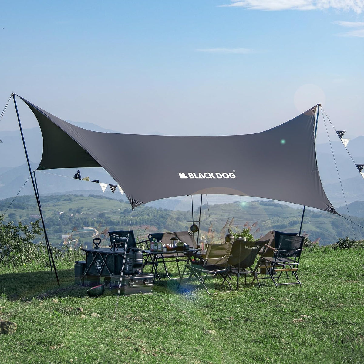 BLACKDOG Large Black Coating Camping Tarp with Poles, 216" L x 115" W