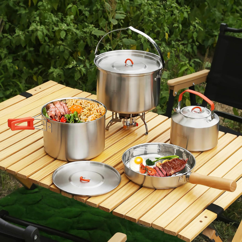 Camping Cookware Set 304 Stainless Steel Camping Pots and Pans Set