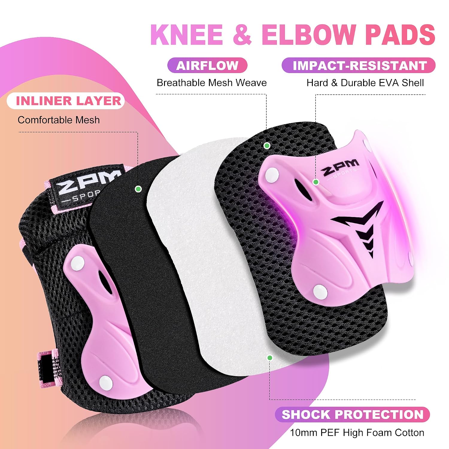 2PM SPORTS Knee Pads for Kids, Wrist Guards Knee and Elbow Pads Set with Drawstring Bag, Protective Gear Set for Girls Boys Roller Skating Cycling Skateboard - Pink Medium