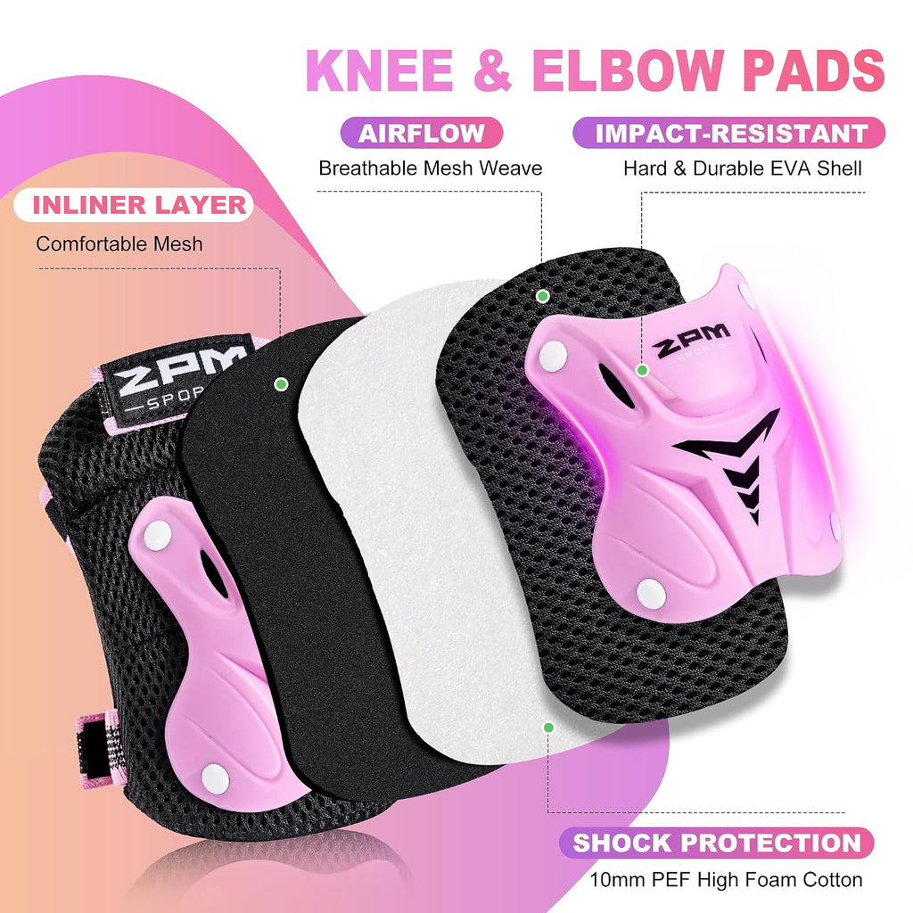 2PM SPORTS Knee Pads for Kids, Wrist Guards Knee and Elbow Pads Set with Drawstring Bag, Protective Gear Set for Girls Boys Roller Skating Cycling Skateboard - Pink Small