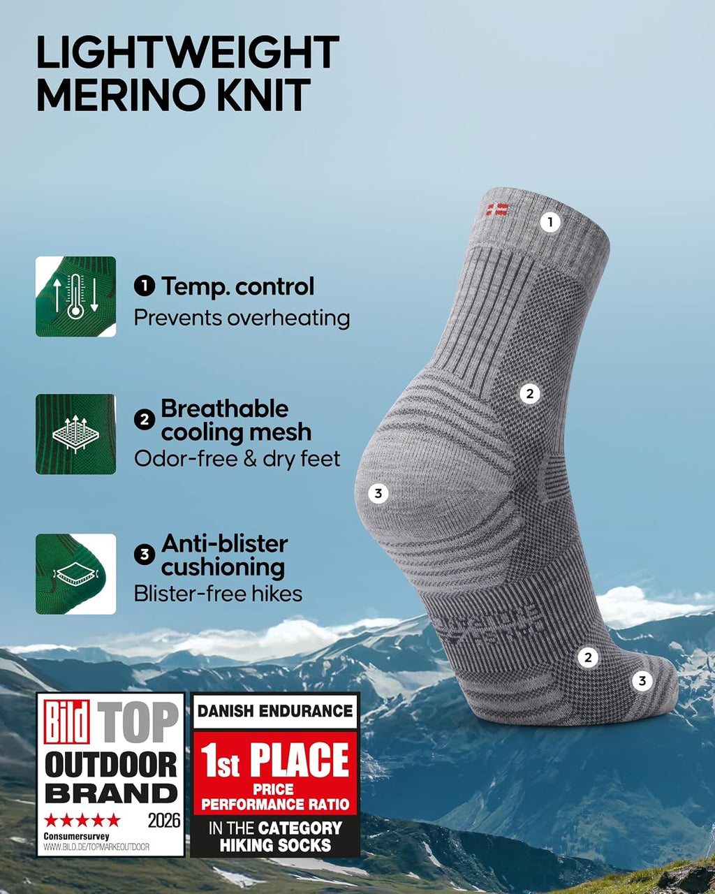 DANISH ENDURANCE Merino Wool Hiking Socks, Lightweight, 3 & 5-Pack