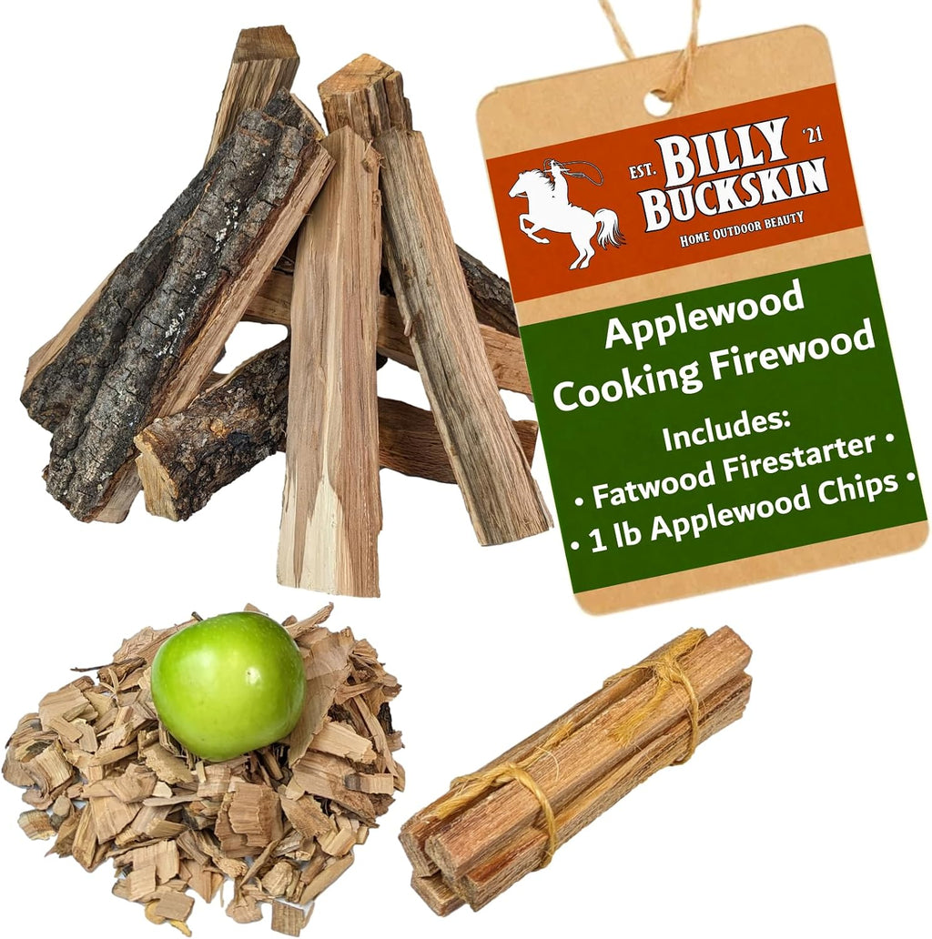 Billy Buckskin 18 LB Applewood Cooking Firewood – Includes 1lb 100% Natural Apple Wood Chips & Fatwood Starter Sticks for Fire Pit, Campfire, Fireplace, Wood Stoves and Outdoor Grilling