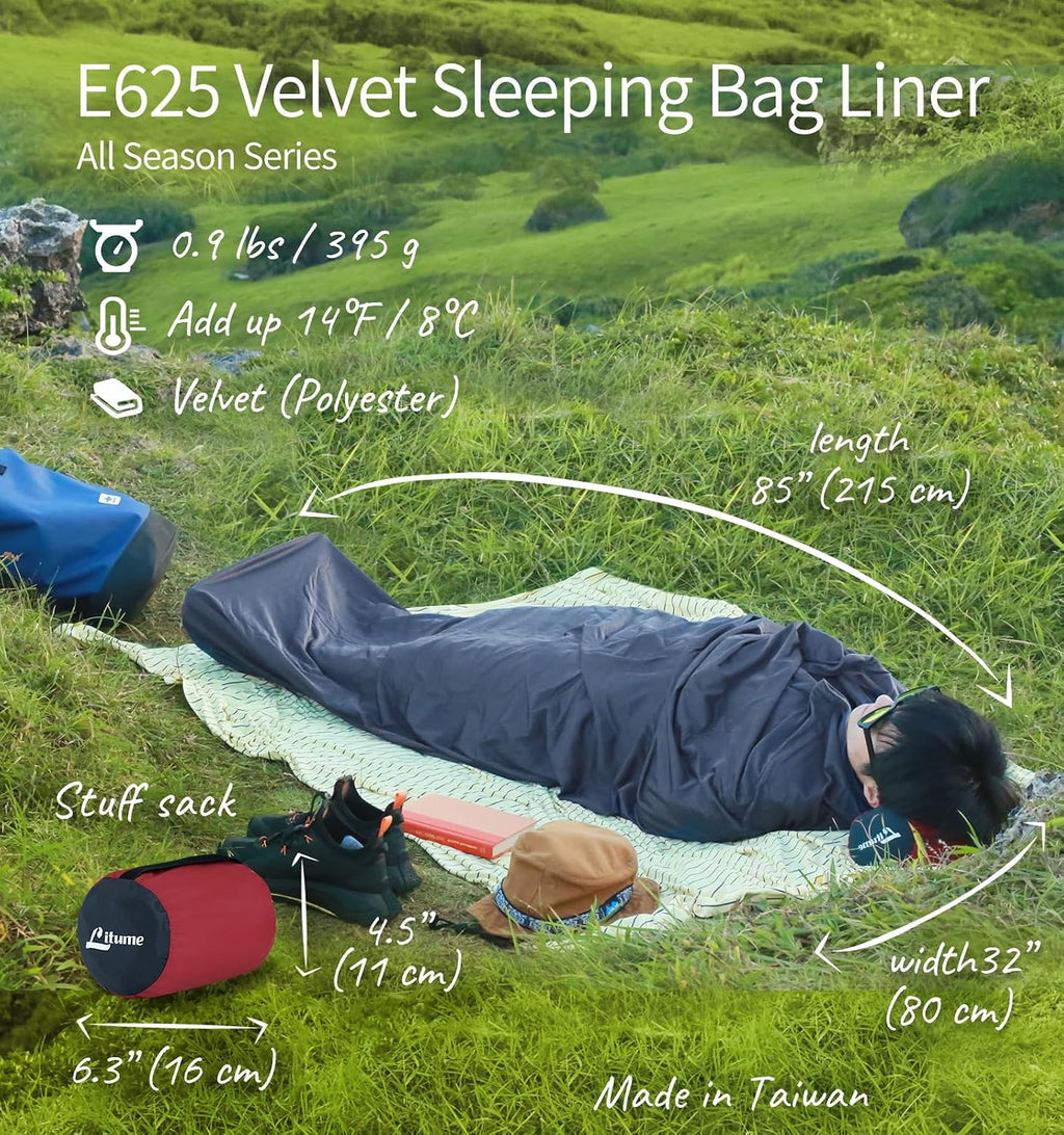 Litume Velvet Sleeping Bag Liner No Zipper Mummy Sleep Sack Backpacking, Camping, Traveling, Hotel, Hostal, Traveling, Lightweight Compact Drawstring Hood Skin Friendly