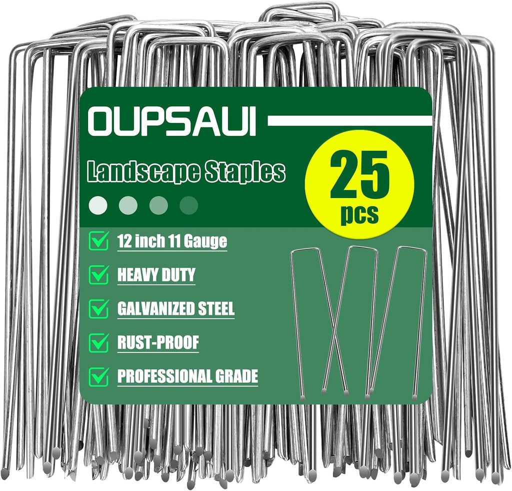 OUPSAUI 12 Inch Galvanized Landscape Staples Stakes, 25/50/100/200pcs Garden Metal Stakes for Weed Barrier Fabric, Fence Stakes, Tent Stakes, Christmas Decorations (25pcs)