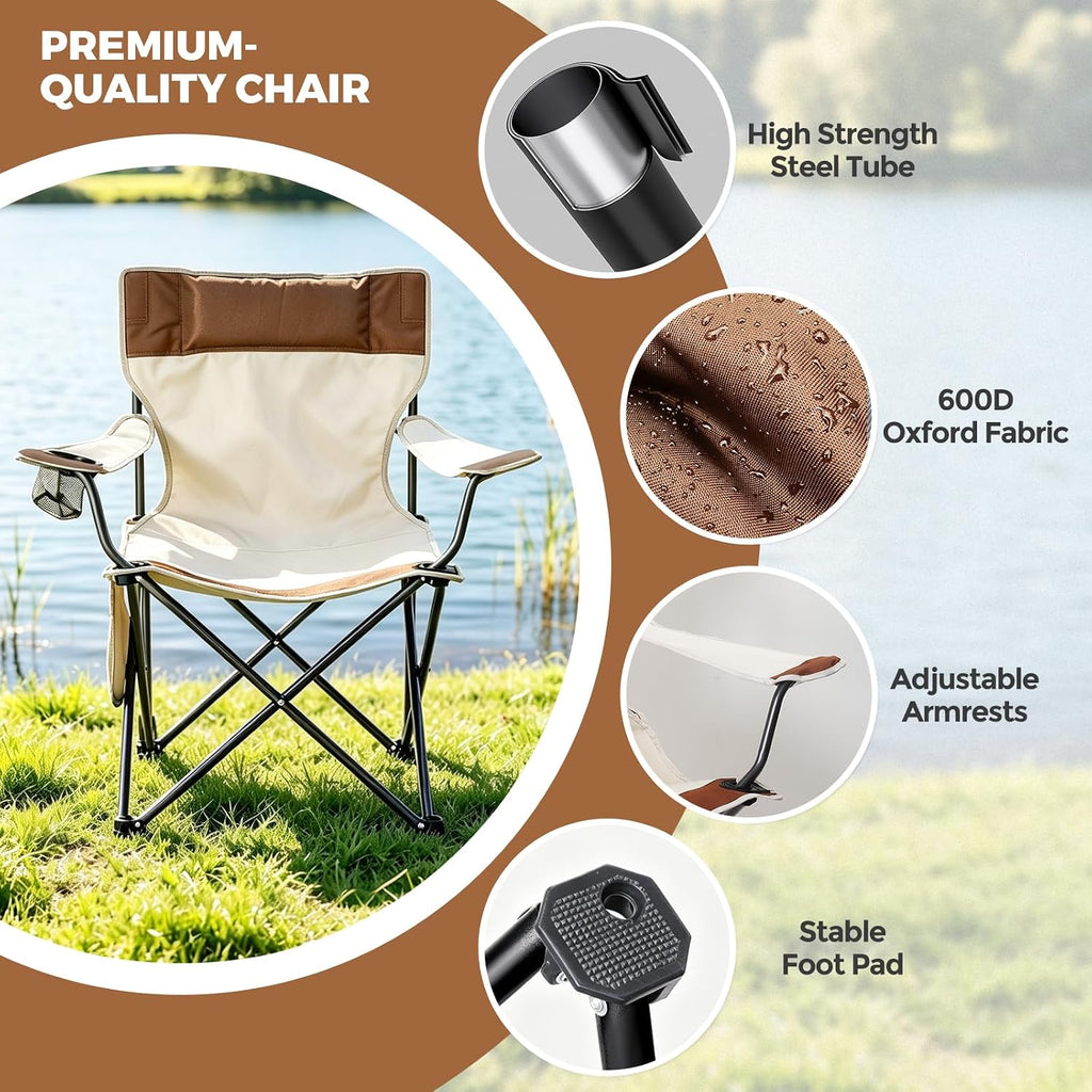 Camping Chairs 2Pack Beach Outdoor Chair for Adults Folding Lawn Chair with Cup Holder, Adjustable Backrest and Carry Bag for Tailgating, Beach, Fishing（Beige）