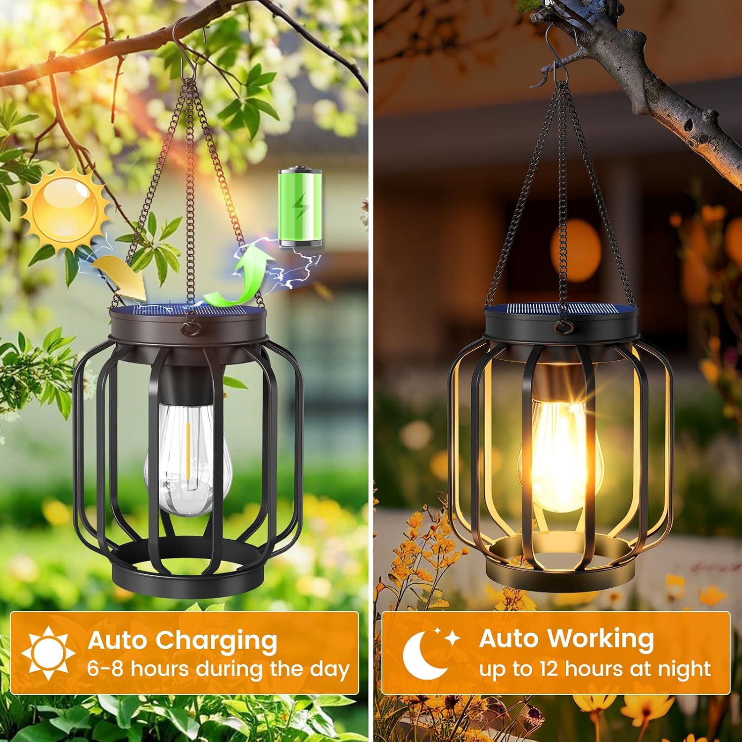 Solar Lanterns Outdoor Waterproof Metal Hanging Solar Lantern, 4 Pack