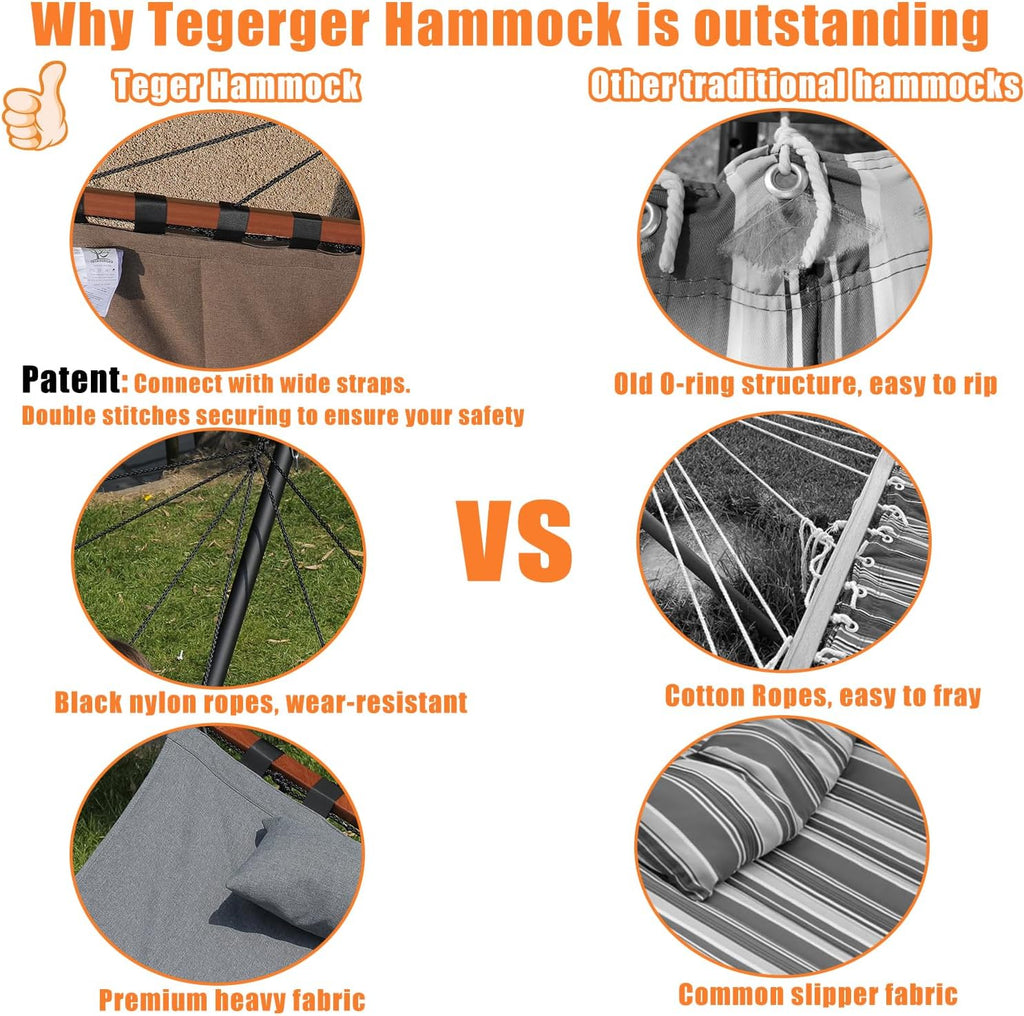 TegerDeger 12FT 2 Person Hammock with Stand V-Shape Spreader Bar -Brown