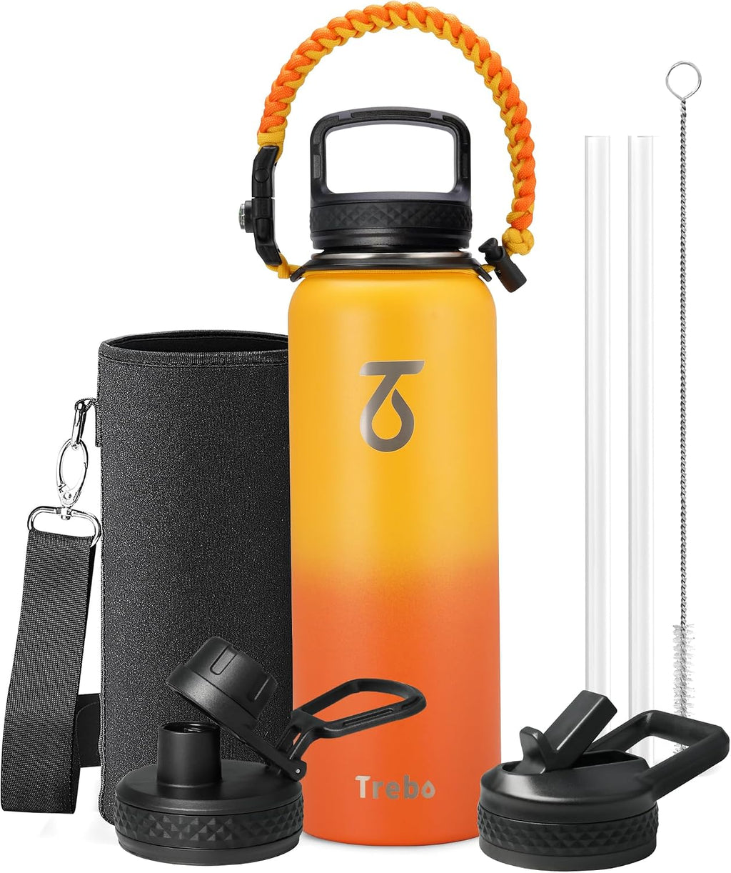 Trebo Water Bottle Insulated 40 oz with 3 Lids, Paracord Handle & Sleeve