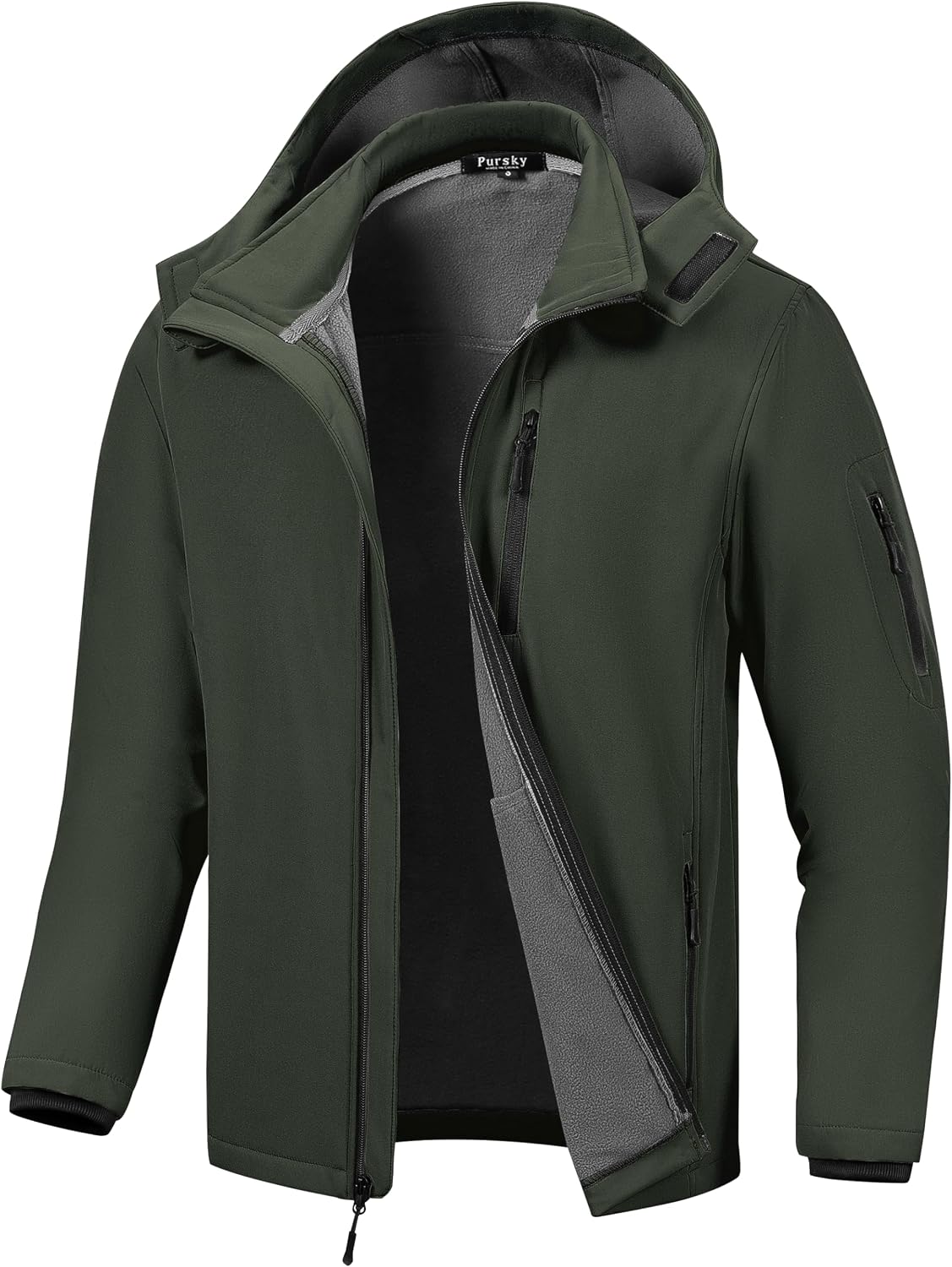 Pursky Men's Softshell Jacket Waterproof Fleece Lined Windbreaker With Removable Hood Lightweight Tactical Jacket