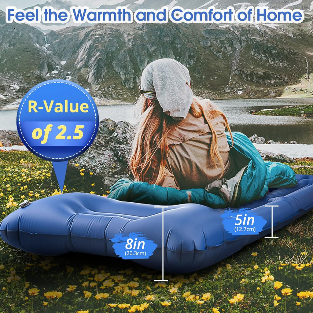 LILTSDRAE Camping Sleeping Pads，Extra Thick 5 Inch Inflatable Sleeping Mat with Pillow Built-in Pump，Oversized Mattress Super Portable Backpacking Sleeping Pad (Blue, Single)