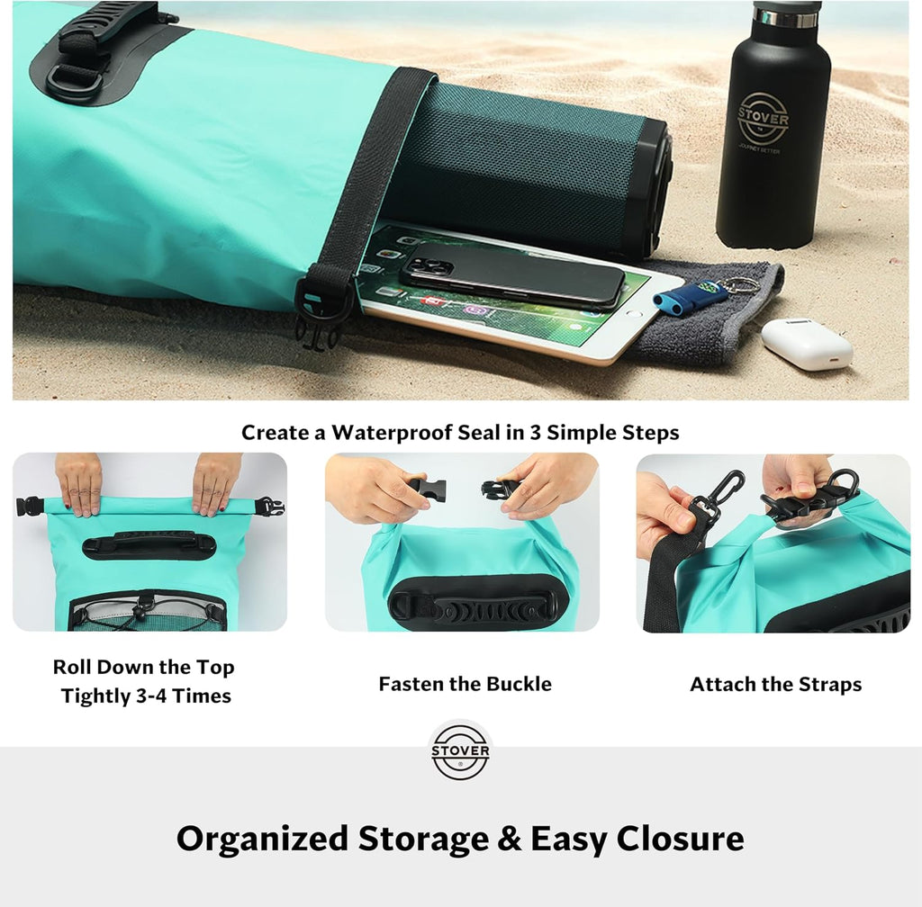 STOVER 5/10/25/30/40L Waterproof Dry Backpack & Phone Case- Large Floating Dry Bag for Kayaking, Travel, Hiking, Fishing, Camping, Motorcycles & Beach, Heavy-Duty Roll Top Men/Women (Teal)