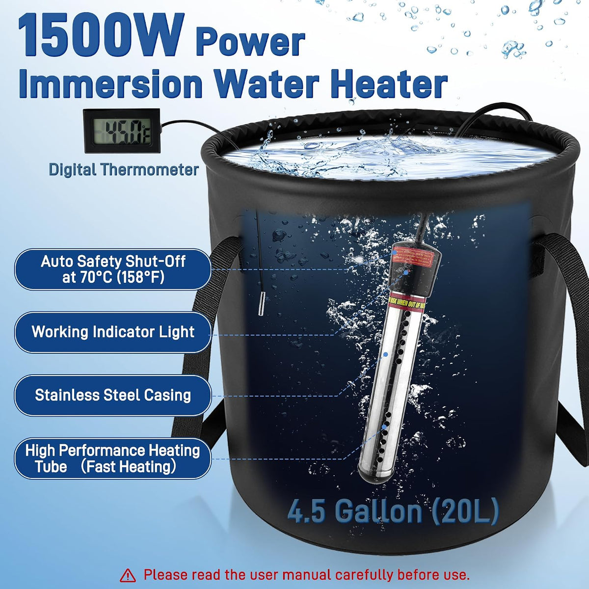 Portable Camping Shower with Heater, 6000mAh Rechargeable Portable Shower Pump, 1500W Hot Water Camping Shower with 20L Bucket, LED Temperature Display for Camping, Hiking, RV, Pet Bath