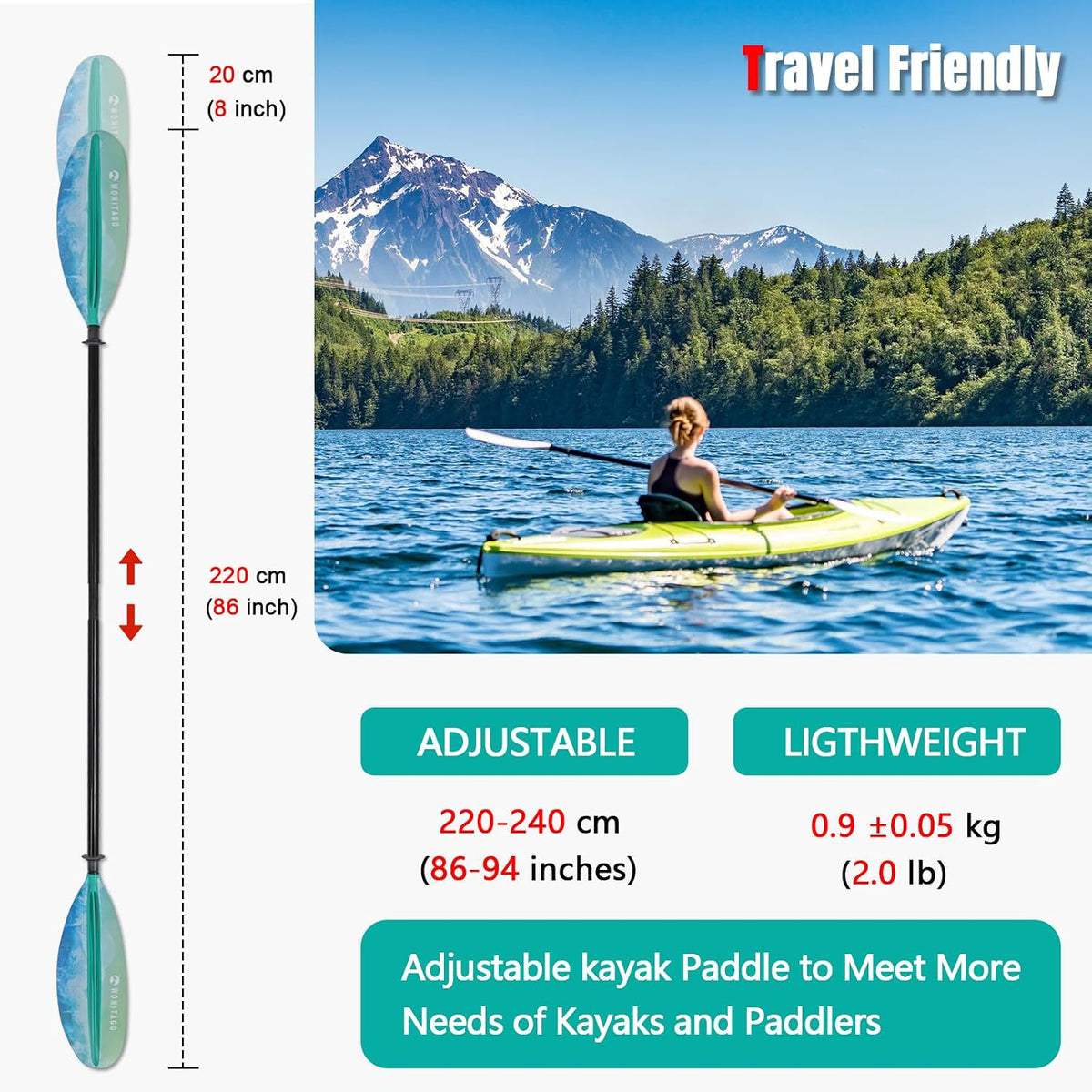 Kayak Paddle Adjustable, Lightweight Carbon Fiber Kayaking Oar