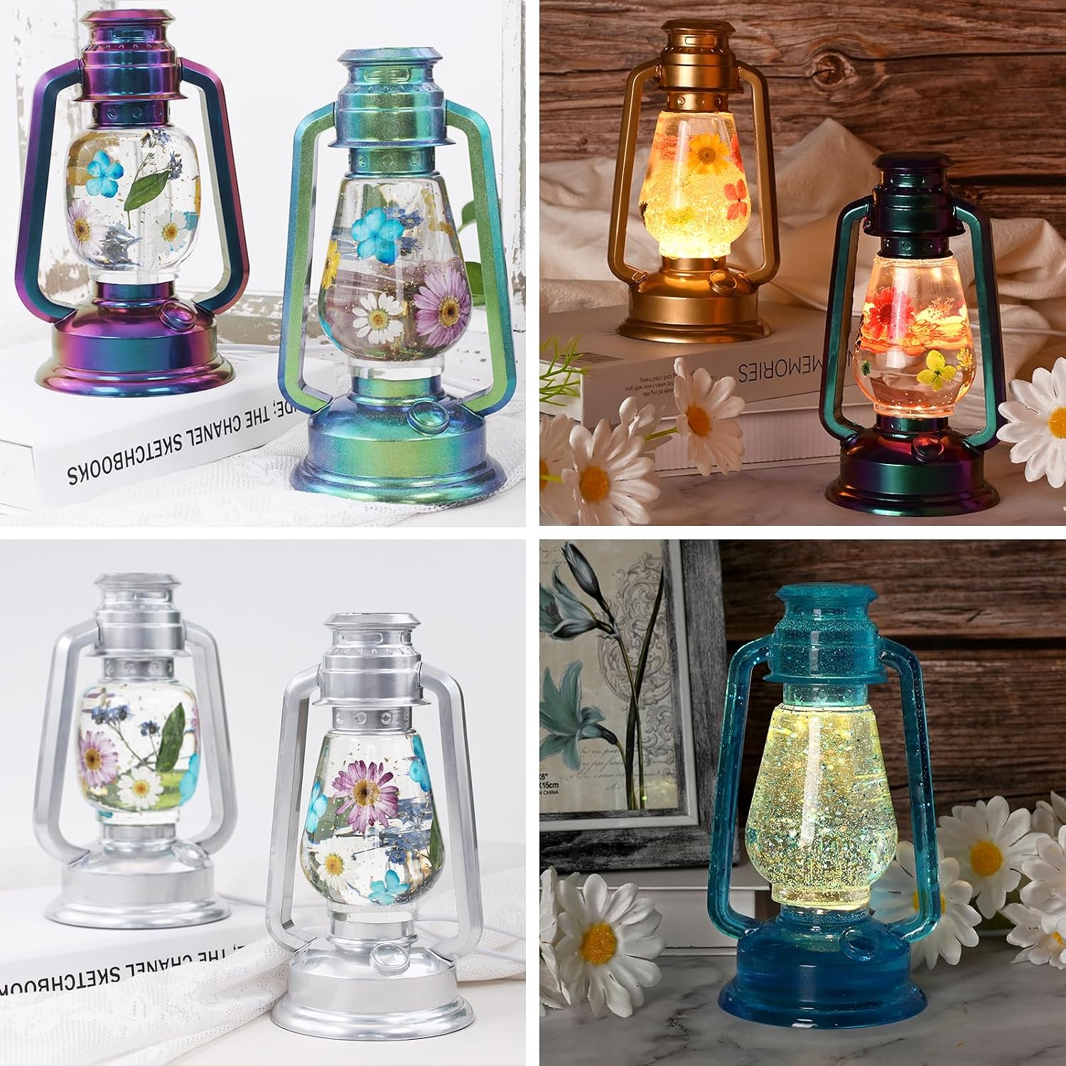 Actvty Kerosene Lamp Resin Mold Set, 2 Shapes Lantern Silicone Molds for Resin Casting, Camping Lantern Molds with 4pcs LED Lights DIY Retro Oil Lamps for Table Fireplace Home Decoration