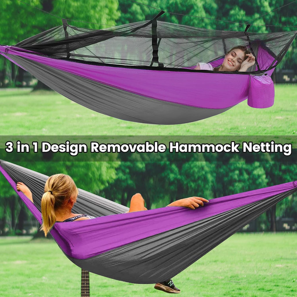 Camping Hammock with Mosquito Net & Rain Fly Tent Tarp & Tree Straps Portable Strong Nylon Hammock Tent w/Storage Bag for Camping Hiking Backyard Outdoor Backpacking Travel