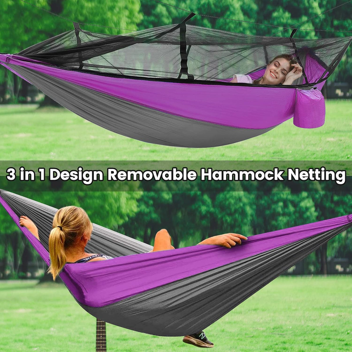 Camping Hammock with Mosquito Net & Rain Fly Tent Tarp & Tree Straps Portable Strong Nylon Hammock Tent w/Storage Bag for Camping Hiking Backyard Outdoor Backpacking Travel