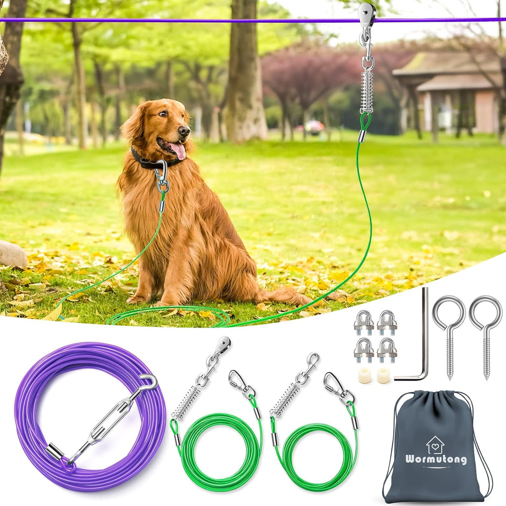 Upgraded Dog Runner for Yard, Heavy Duty Dog Trolley System with 10ft & 15ft Tie Out Cable (Orange+Aqua, 50ft Runner line+(10ft &15ft) tie Out Cable)