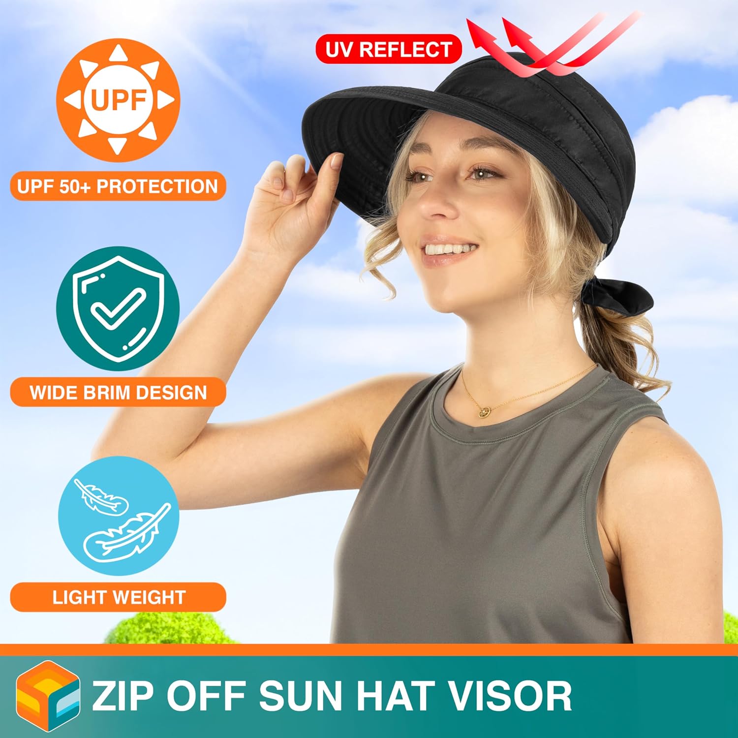 SUN CUBE Womens Sun Hat UV Protection Wide Brim Zip-Off Golf Visor