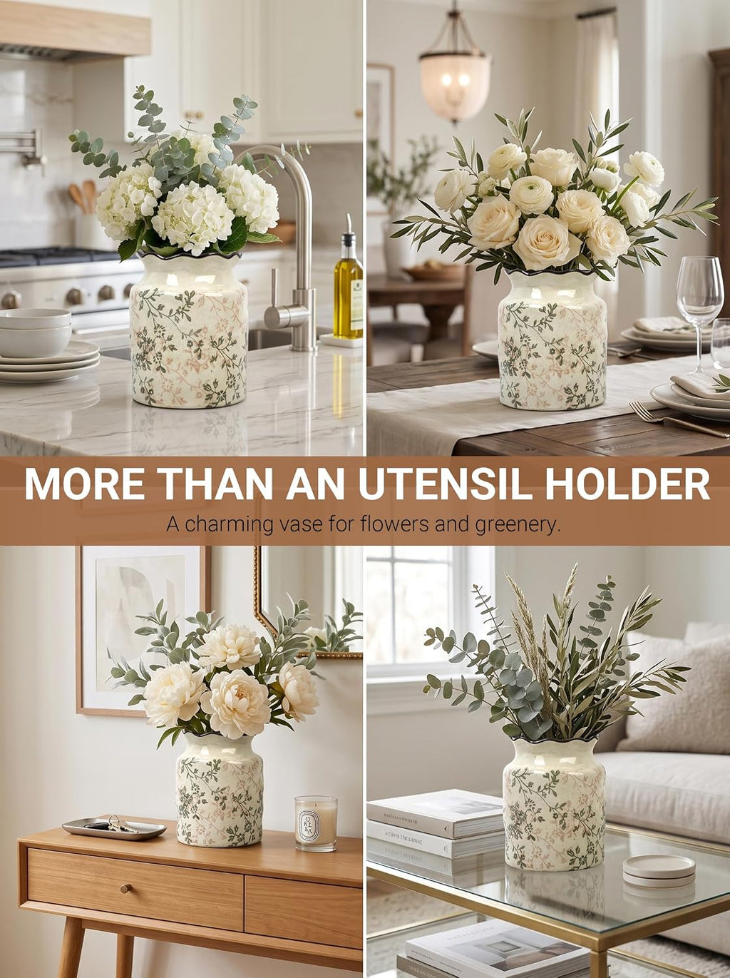 Ceramic Utensil Holder for Kitchen Counter, Vintage Floral Farmhouse Décor